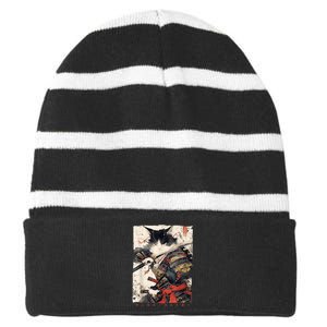 Samurai Cat Warrior Ukiyo Ink Artwork Cat Samurai Striped Beanie with Solid Band