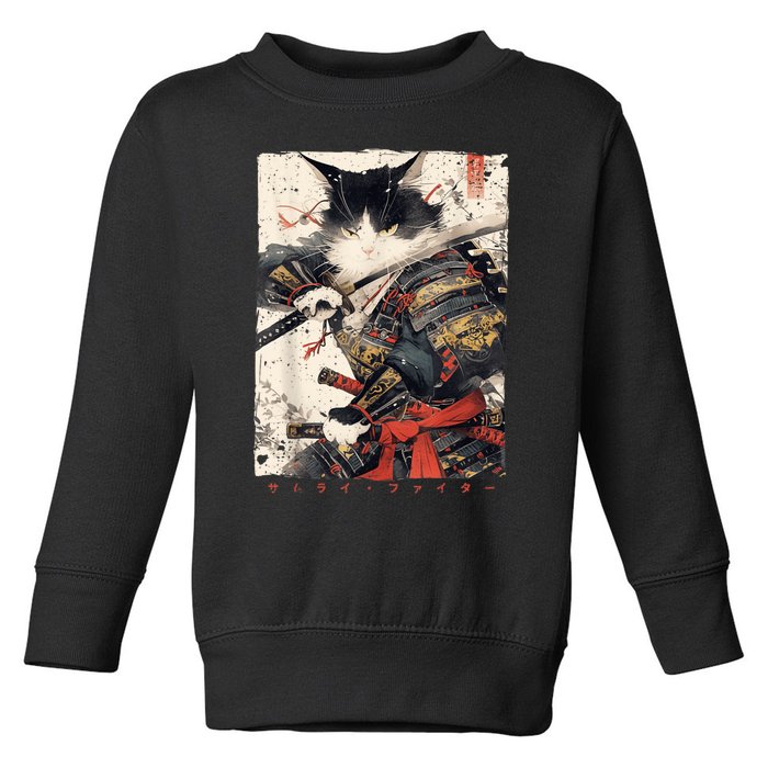 Samurai Cat Warrior Ukiyo Ink Artwork Cat Samurai Toddler Sweatshirt