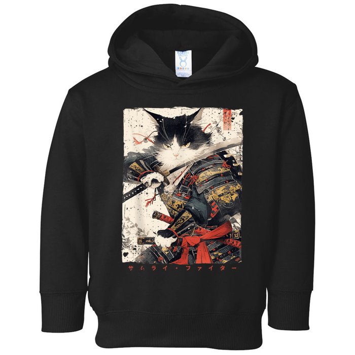 Samurai Cat Warrior Ukiyo Ink Artwork Cat Samurai Toddler Hoodie