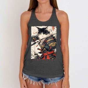 Samurai Cat Warrior Ukiyo Ink Artwork Cat Samurai Women's Knotted Racerback Tank