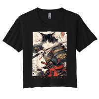 Samurai Cat Warrior Ukiyo Ink Artwork Cat Samurai Women's Crop Top Tee