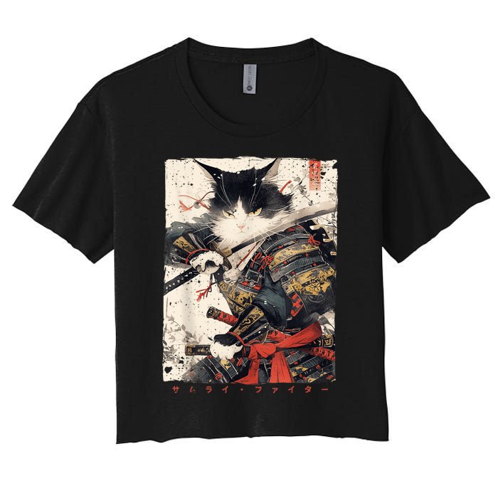 Samurai Cat Warrior Ukiyo Ink Artwork Cat Samurai Women's Crop Top Tee