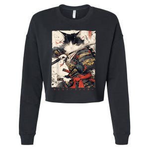 Samurai Cat Warrior Ukiyo Ink Artwork Cat Samurai Cropped Pullover Crew