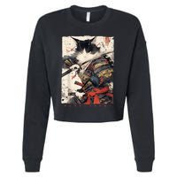 Samurai Cat Warrior Ukiyo Ink Artwork Cat Samurai Cropped Pullover Crew