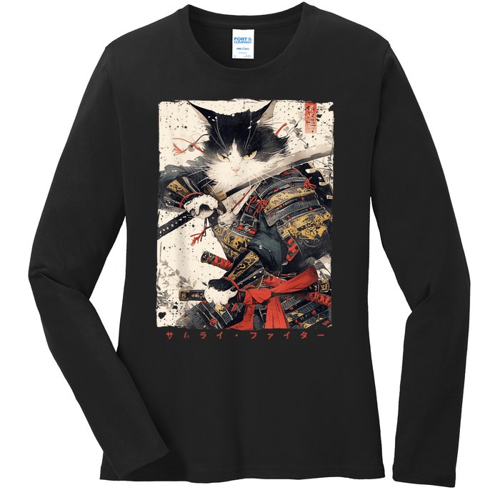 Samurai Cat Warrior Ukiyo Ink Artwork Cat Samurai Ladies Long Sleeve Shirt