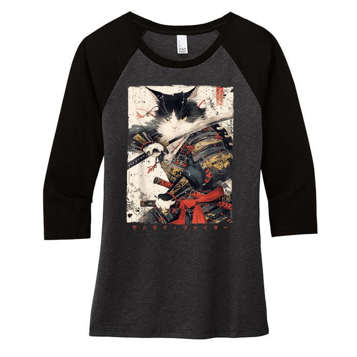 Samurai Cat Warrior Ukiyo Ink Artwork Cat Samurai Women's Tri-Blend 3/4-Sleeve Raglan Shirt