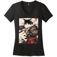 Samurai Cat Warrior Ukiyo Ink Artwork Cat Samurai Women's V-Neck T-Shirt