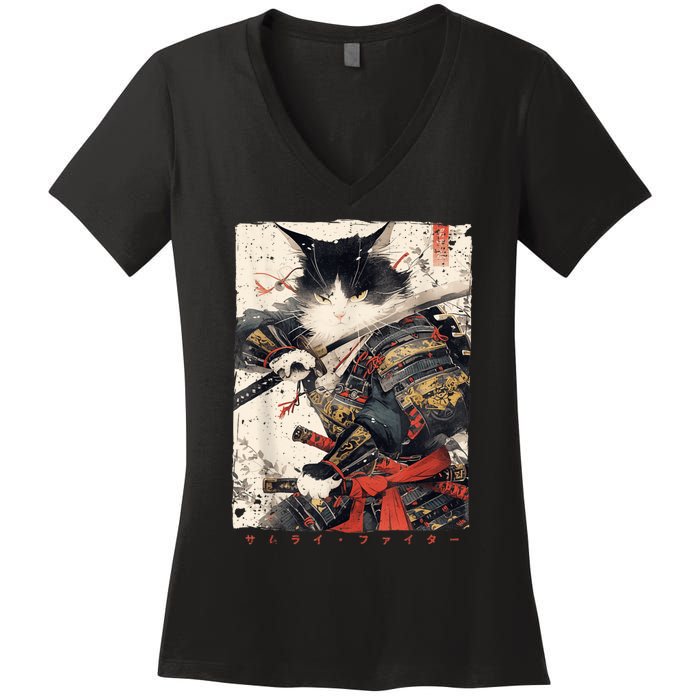 Samurai Cat Warrior Ukiyo Ink Artwork Cat Samurai Women's V-Neck T-Shirt