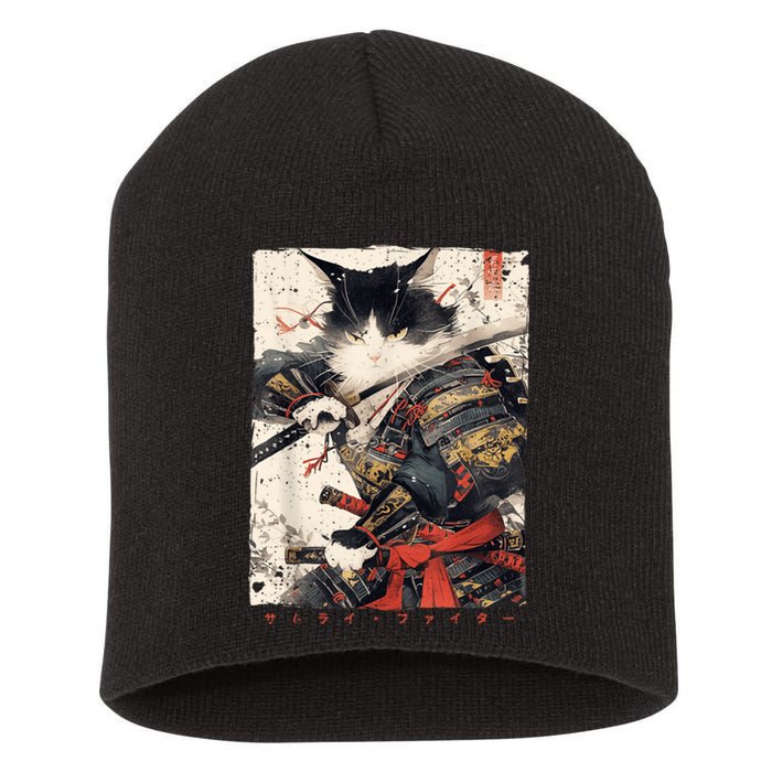 Samurai Cat Warrior Ukiyo Ink Artwork Cat Samurai Short Acrylic Beanie