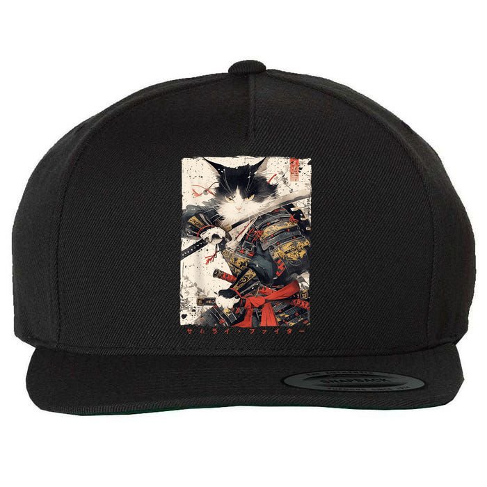 Samurai Cat Warrior Ukiyo Ink Artwork Cat Samurai Wool Snapback Cap