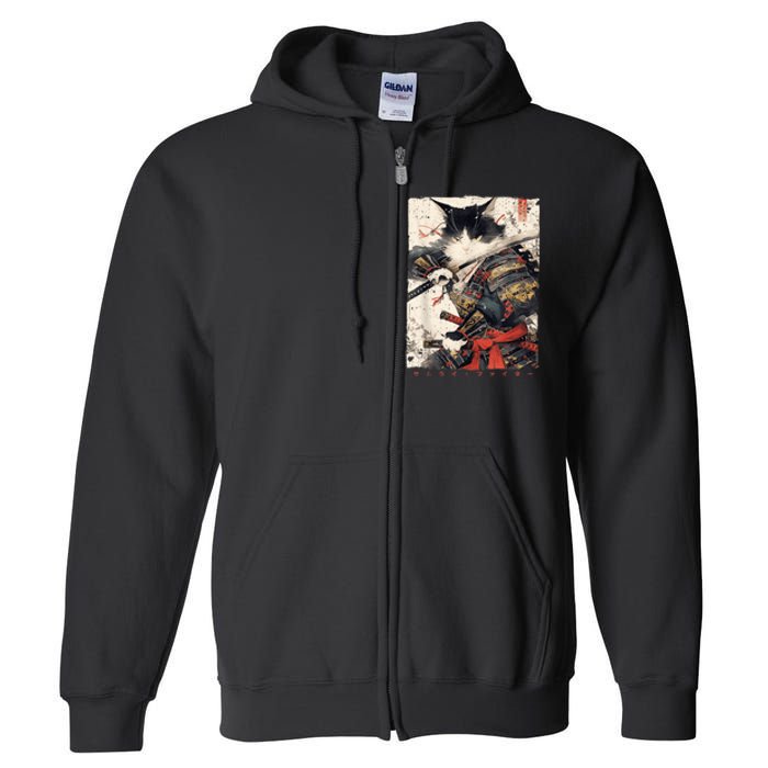 Samurai Cat Warrior Ukiyo Ink Artwork Cat Samurai Full Zip Hoodie