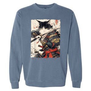 Samurai Cat Warrior Ukiyo Ink Artwork Cat Samurai Garment-Dyed Sweatshirt