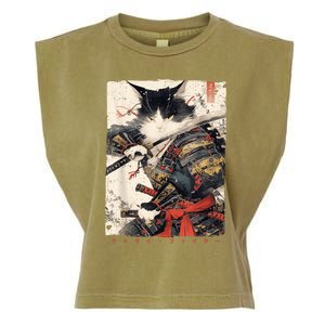 Samurai Cat Warrior Ukiyo Ink Artwork Cat Samurai Garment-Dyed Women's Muscle Tee