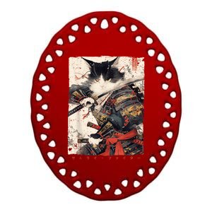 Samurai Cat Warrior Ukiyo Ink Artwork Cat Samurai Ceramic Oval Ornament