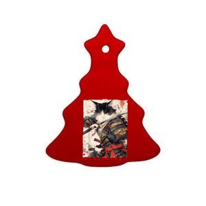 Samurai Cat Warrior Ukiyo Ink Artwork Cat Samurai Ceramic Tree Ornament