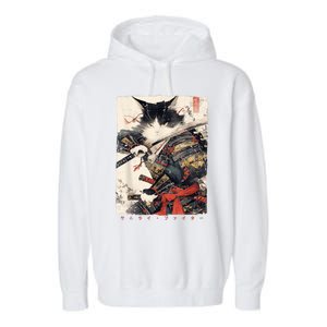 Samurai Cat Warrior Ukiyo Ink Artwork Cat Samurai Garment-Dyed Fleece Hoodie