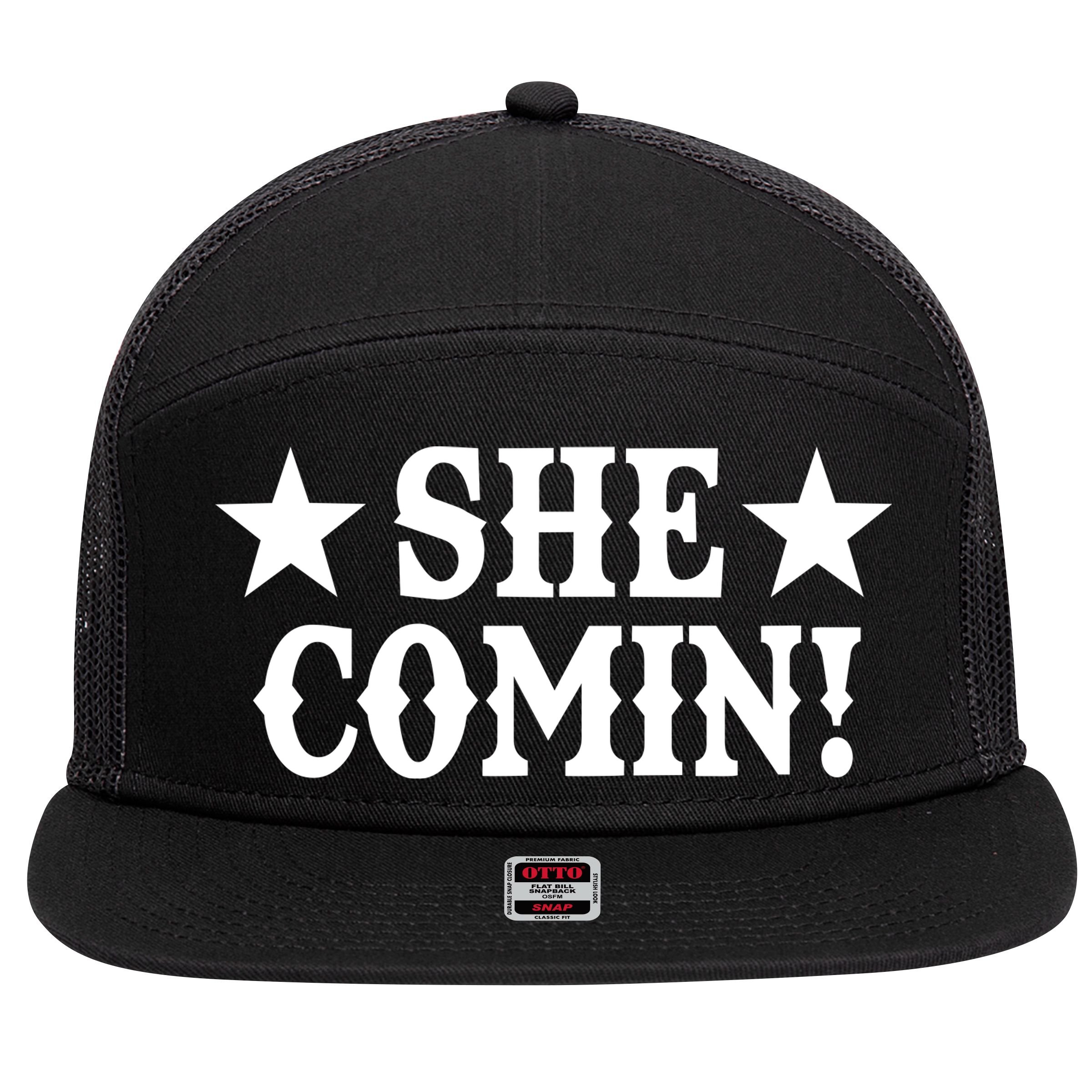 She Comin! Western Cowboy Cowgirl 7 Panel Mesh Trucker Snapback Hat
