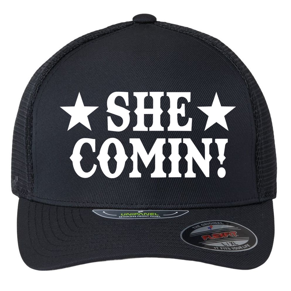She Comin! Western Cowboy Cowgirl Flexfit Unipanel Trucker Cap