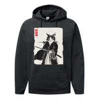 Samurai Cat Warrior Ink Art Funny Japanese Style Performance Fleece Hoodie