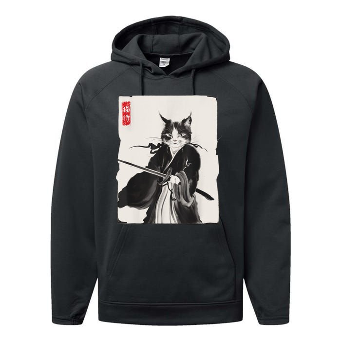 Samurai Cat Warrior Ink Art Funny Japanese Style Performance Fleece Hoodie