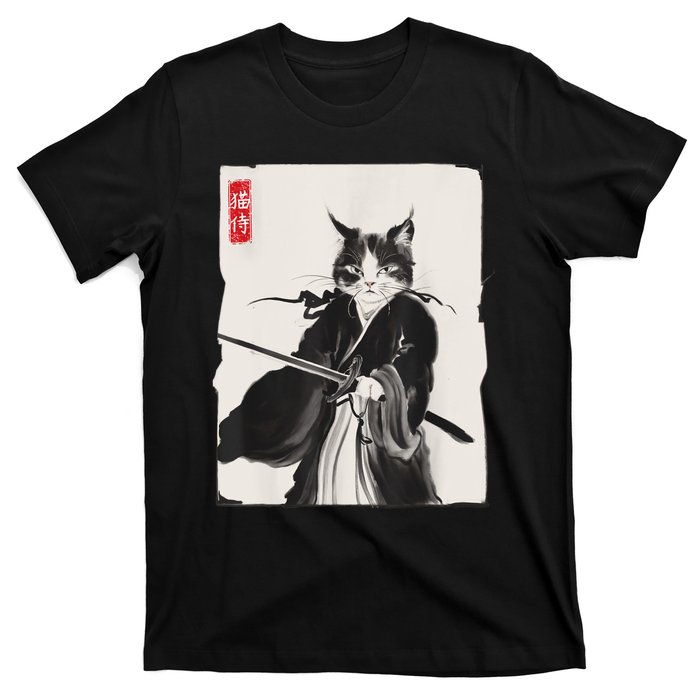 Samurai Cat Warrior Ink Art Funny Japanese Style T-Shirt