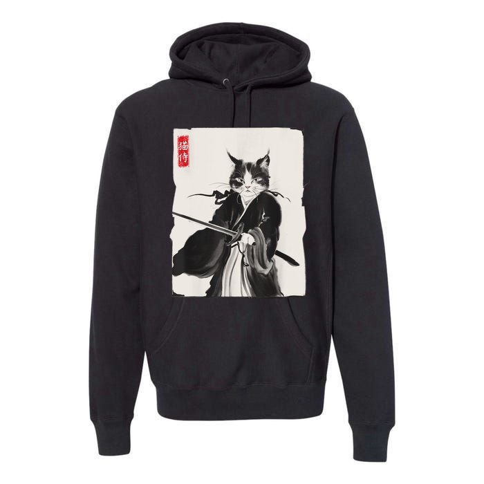 Samurai Cat Warrior Ink Art Funny Japanese Style Premium Hoodie