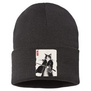 Samurai Cat Warrior Ink Art Funny Japanese Style Sustainable Knit Beanie