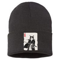 Samurai Cat Warrior Ink Art Funny Japanese Style Sustainable Knit Beanie