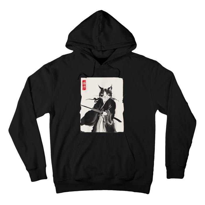 Samurai Cat Warrior Ink Art Funny Japanese Style Tall Hoodie