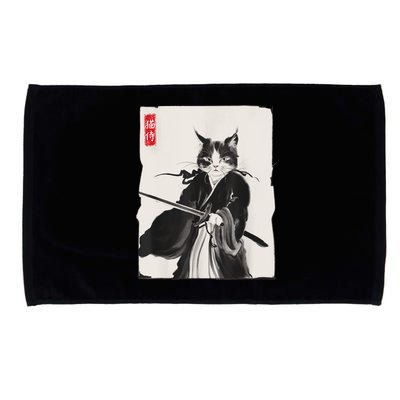 Samurai Cat Warrior Ink Art Funny Japanese Style Microfiber Hand Towel