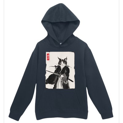 Samurai Cat Warrior Ink Art Funny Japanese Style Urban Pullover Hoodie