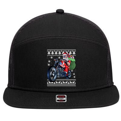 Santa Claus With Motorcycle Xmas Tree Ugly Xmas 7 Panel Mesh Trucker Snapback Hat