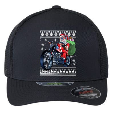 Santa Claus With Motorcycle Xmas Tree Ugly Xmas Flexfit Unipanel Trucker Cap