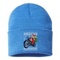 Santa Claus With Motorcycle Xmas Tree Ugly Xmas Sustainable Knit Beanie