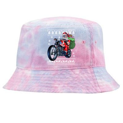 Santa Claus With Motorcycle Xmas Tree Ugly Xmas Tie-Dyed Bucket Hat