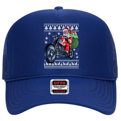 Santa Claus With Motorcycle Xmas Tree Ugly Xmas High Crown Mesh Back Trucker Hat