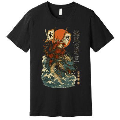 Samurai Cat With Sea Dragon Fantasy Art Premium T-Shirt