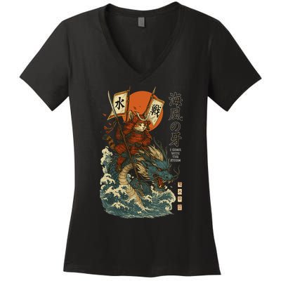 Samurai Cat With Sea Dragon Fantasy Art Women's V-Neck T-Shirt