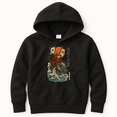 Samurai Cat With Sea Dragon Fantasy Art Kids Hoodie