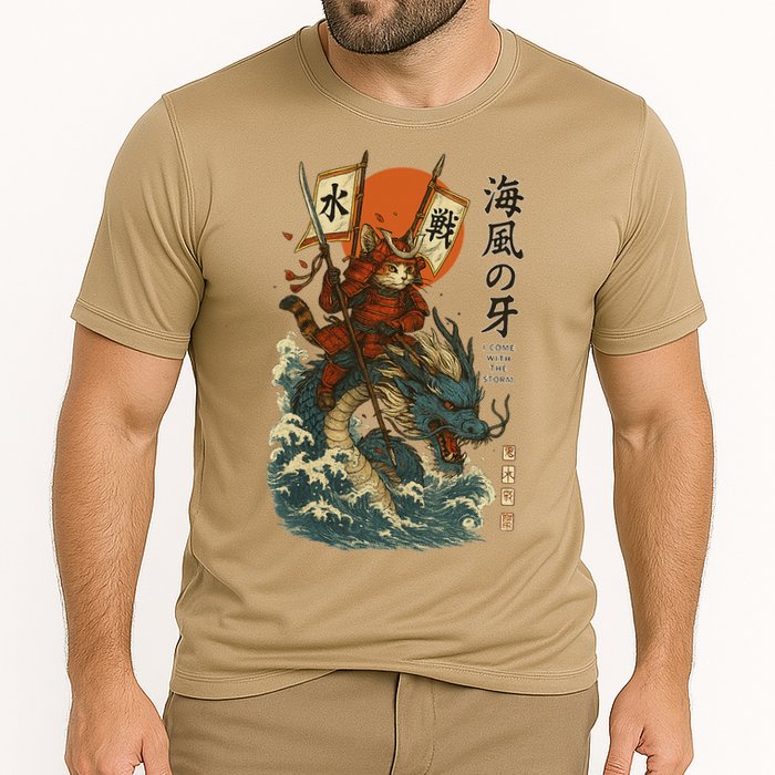 Samurai Cat With Sea Dragon Fantasy Art Cooling Performance Crew T-Shirt