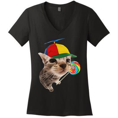 Silly Cat With Lollipop Meme Women's V-Neck T-Shirt