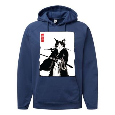 Samurai Cat Warrior Ink Art Funny Japanese Style Performance Fleece Hoodie