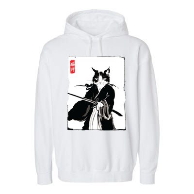 Samurai Cat Warrior Ink Art Funny Japanese Style Garment-Dyed Fleece Hoodie