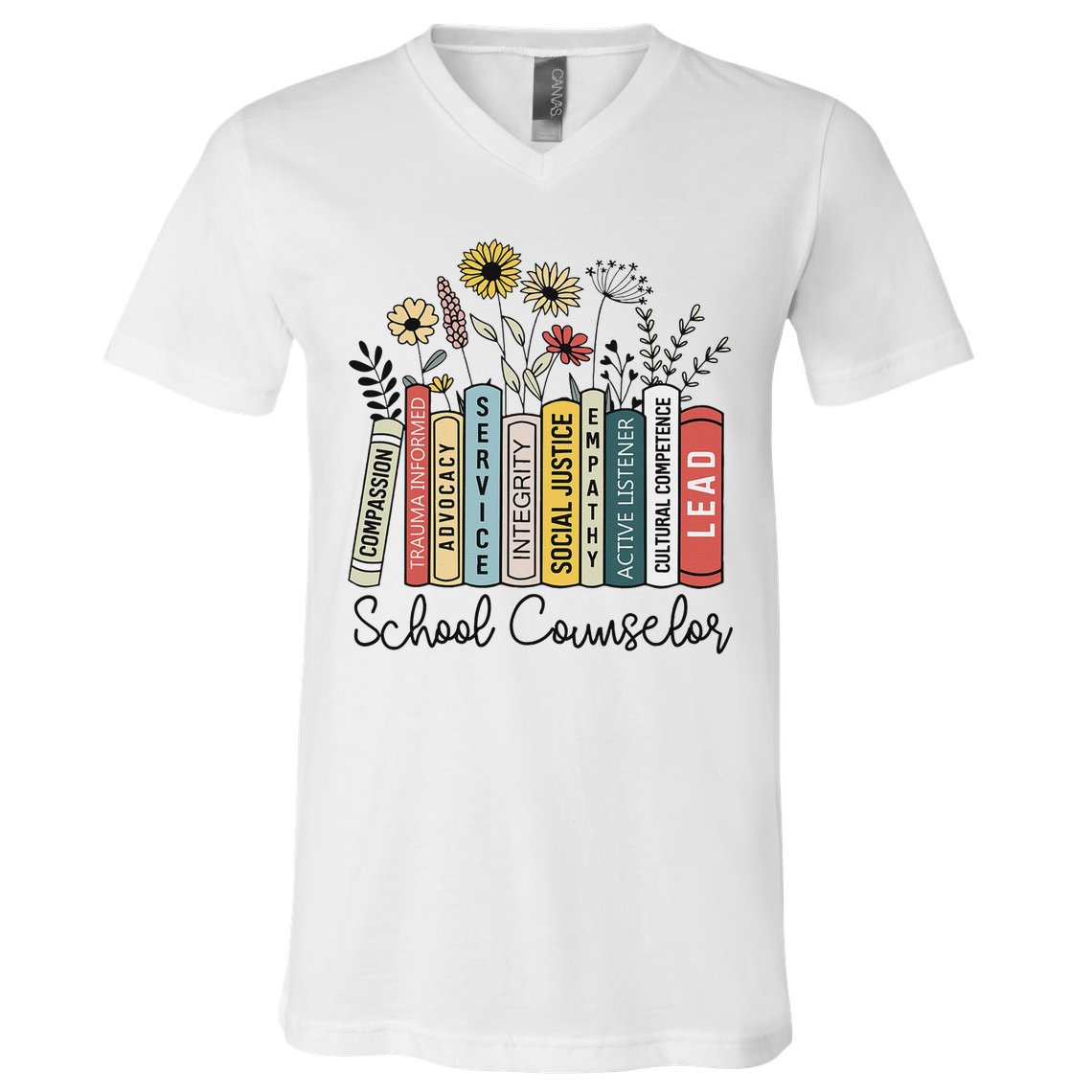 School Counselor Wildflower Book School Counseling Life V-Neck T-Shirt