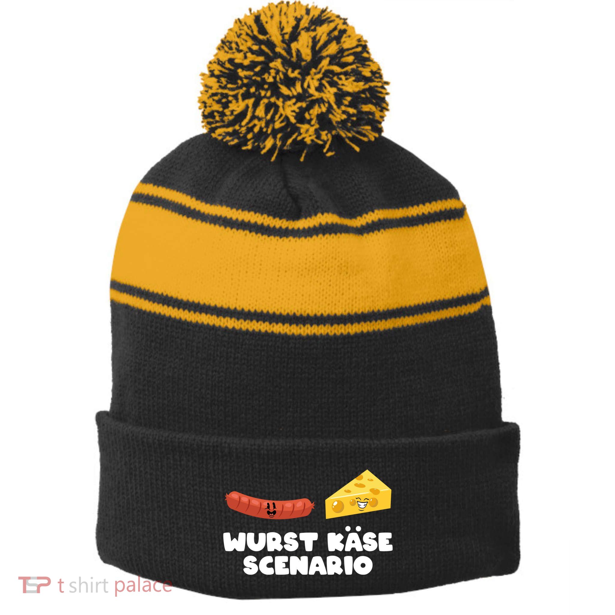 Sausage Cheese Wurst KäSe Scenario Joke Stripe Pom Pom Beanie