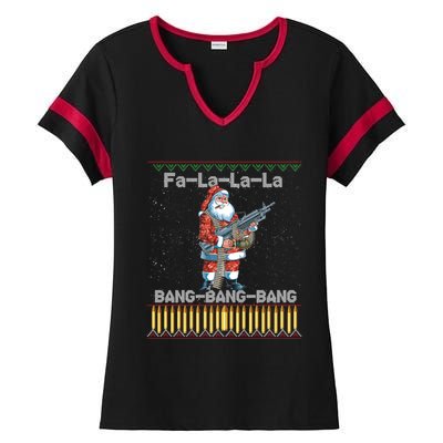 Santa Claus With A Big Gun Singing Christmas Song Funny Ugly Gift Ladies Halftime Notch Neck Tee