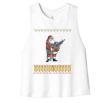 Santa Claus With A Big Gun Singing Christmas Song Funny Ugly Gift Women's Racerback Cropped Tank