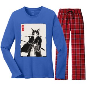 Samurai Cat Warrior Ink Art Funny Japanese Style Women's Long Sleeve Flannel Pajama Set 