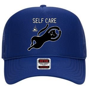 Self Care Yoga Cartoon Cat High Crown Mesh Back Trucker Hat