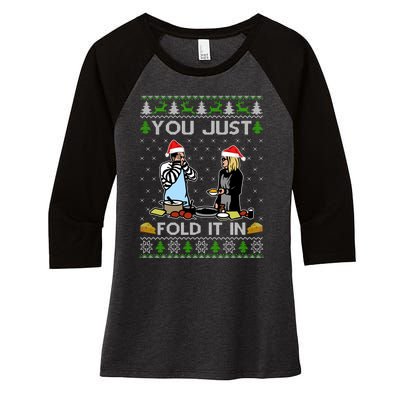 Schitt’s Creek You Just Fold It In Fold In The Cheese Ugly Christmas Sweater Women's Tri-Blend 3/4-Sleeve Raglan Shirt